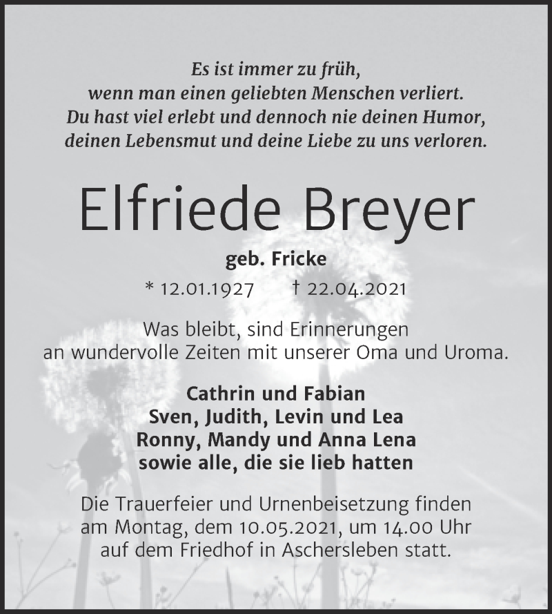  Traueranzeige für Elfriede Breyer vom 30.04.2021 aus Trauerkombi Aschersleben