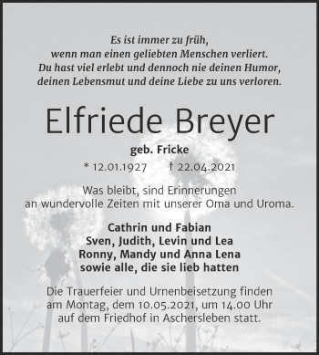 Traueranzeige von Elfriede Breyer von Trauerkombi Aschersleben