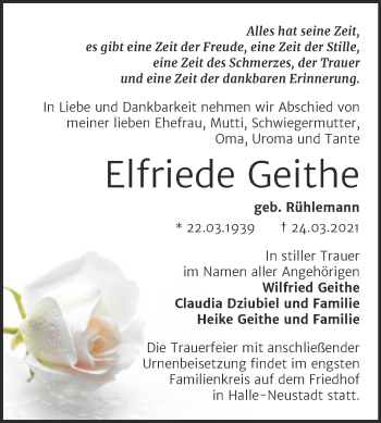 Traueranzeige von Elfriede Geithe von Mitteldeutsche Zeitung Halle/Saalkreis