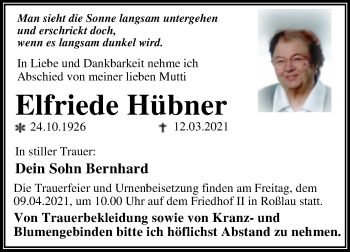 Traueranzeige von Elfriede Hübner von Mitteldeutsche Zeitung Dessau-Roßlau