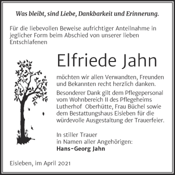 Traueranzeige von Elfriede Jahn von Mitteldeutsche Zeitung Mansfelder Land