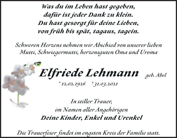 Traueranzeige von Elfriede Lehmann von Mitteldeutsche Zeitung Dessau-Roßlau
