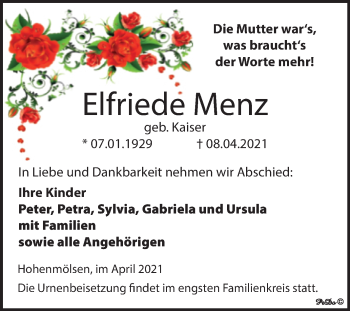Traueranzeige von Elfriede Menz von Mitteldeutsche Zeitung Weißenfels
