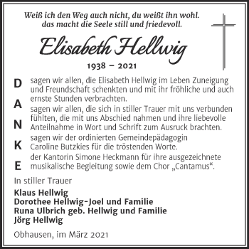 Traueranzeige von Elisabeth Hellwig von Mitteldeutsche Zeitung Merseburg/Querfurt