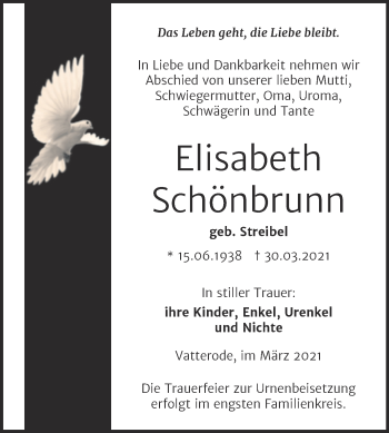 Traueranzeige von Elisabeth Schönbrunn von Mitteldeutsche Zeitung Mansfelder Land