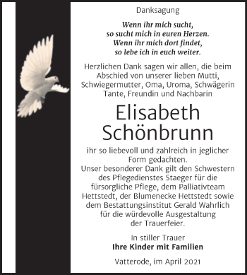 Traueranzeige von Elisabeth Schönbrunn von Mitteldeutsche Zeitung Mansfelder Land