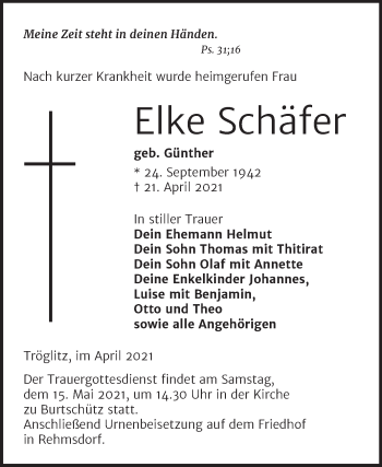 Traueranzeige von Elke Schäfer von Mitteldeutsche Zeitung Zeitz