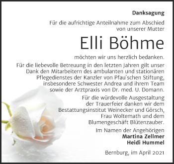 Traueranzeige von Elli Böhme von Trauerkombi Bernburg