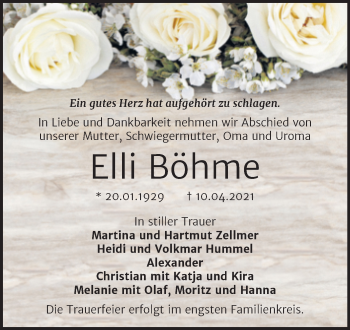 Traueranzeige von Elli Böhme von Mitteldeutsche Zeitung Bernburg