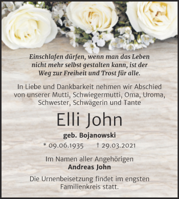 Traueranzeige von Elli John von Mitteldeutsche Zeitung Bernburg