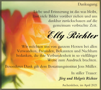 Traueranzeige von Elly Richter von Mitteldeutsche Zeitung Aschersleben