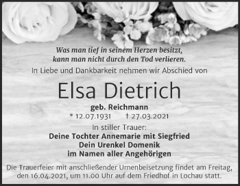 Traueranzeige von Elsa Dietrich von Mitteldeutsche Zeitung Merseburg/Querfurt