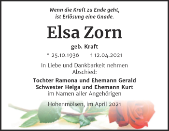Traueranzeige von Elsa Zorn von Mitteldeutsche Zeitung Weißenfels