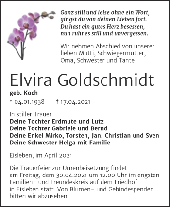 Traueranzeige von Elvira Goldschmidt von Mitteldeutsche Zeitung Mansfelder Land