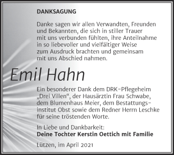 Traueranzeige von Emil Hahn von Trauerkombi Weißenfels