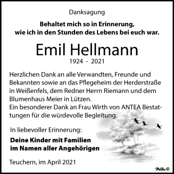 Traueranzeige von Emil Hellmann von Mitteldeutsche Zeitung Weißenfels