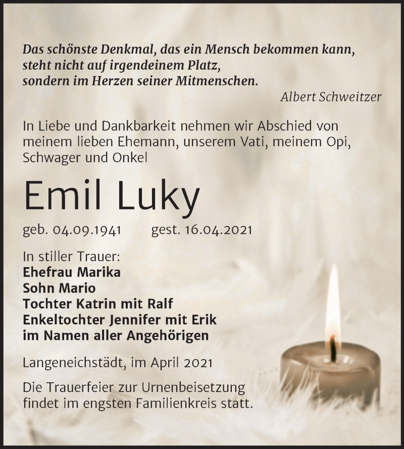  Traueranzeige für Emil Luky vom 24.04.2021 aus Mitteldeutsche Zeitung Merseburg/Querfurt