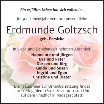 Traueranzeige von Erdmunde Goltzsch von Mitteldeutsche Zeitung Köthen