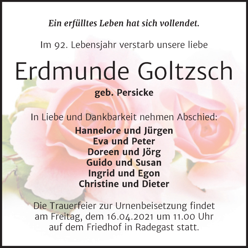  Traueranzeige für Erdmunde Goltzsch vom 03.04.2021 aus Mitteldeutsche Zeitung Köthen