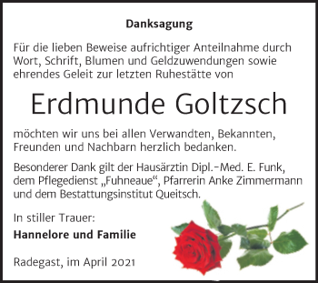 Traueranzeige von Erdmunde Goltzsch von Mitteldeutsche Zeitung Köthen