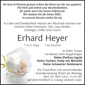Traueranzeige von Erhard Heyer von Mitteldeutsche Zeitung Wittenberg