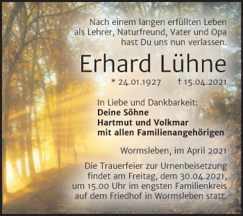 Traueranzeige von Erhard Lühne von Mitteldeutsche Zeitung Mansfelder Land