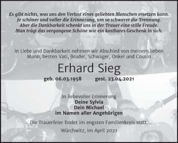 Traueranzeige von Erhard Sieg von Trauerkombi Zeitz