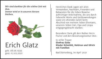 Traueranzeige von Erich Glatz von Mitteldeutsche Zeitung Merseburg/Querfurt