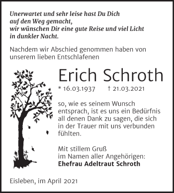 Traueranzeige von Erich Schroth von Mitteldeutsche Zeitung Mansfelder Land