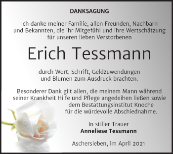 Traueranzeige von Erich Tessmann von Mitteldeutsche Zeitung Aschersleben
