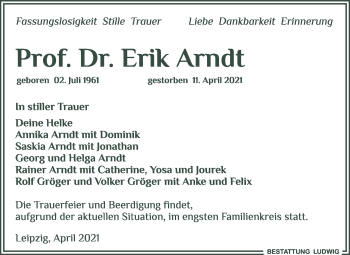 Traueranzeige von Erik Arndt von Mitteldeutsche Zeitung Bernburg