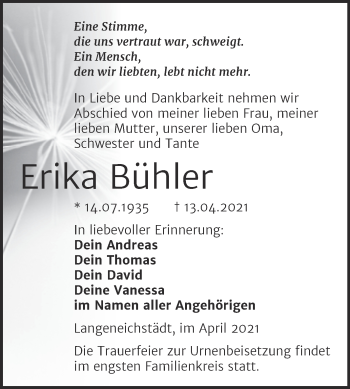 Traueranzeige von Erika Bühler von Mitteldeutsche Zeitung Merseburg/Querfurt