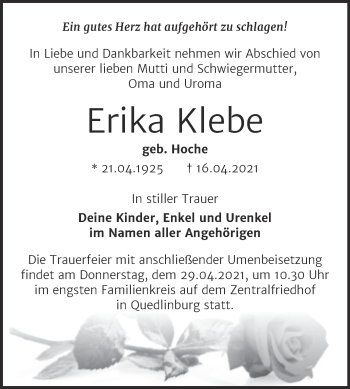 Traueranzeige von Erika Klebe von Mitteldeutsche Zeitung Quedlingburg