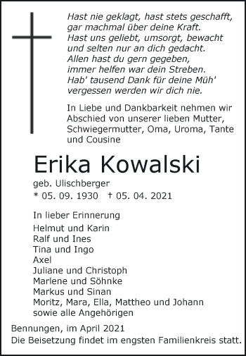Traueranzeige von Erika Kowalski von Mitteldeutsche Zeitung Sangerhausen