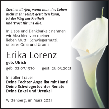 Traueranzeige von Erika Lorenz von Mitteldeutsche Zeitung Wittenberg