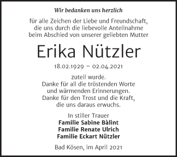 Traueranzeige von Erika Nützler von Naumburger Tageblatt