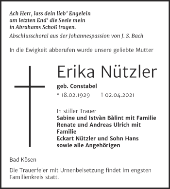 Traueranzeige von Erika Nützler von Mitteldeutsche Zeitung Naumburg/Nebra
