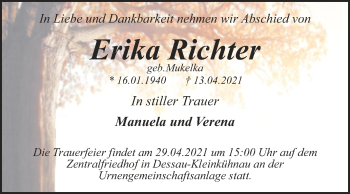 Traueranzeige von Erika Richter von Mitteldeutsche Zeitung Dessau-Roßlau