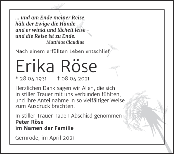 Traueranzeige von Erika Röse von Mitteldeutsche Zeitung Quedlingburg