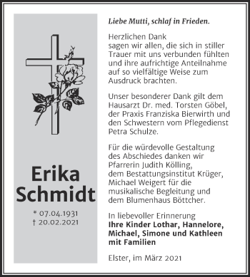 Traueranzeige von Erika Schmidt von Mitteldeutsche Zeitung Wittenberg