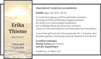 Traueranzeige von Erika Thieme von Mitteldeutsche Zeitung Mansfelder Land