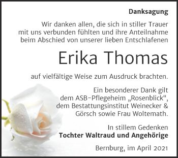 Traueranzeige von Erika Thomas von Trauerkombi Bernburg