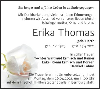 Traueranzeige von Erika Thomas von Mitteldeutsche Zeitung Bernburg