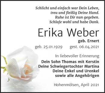 Traueranzeige von Erika Weber von Mitteldeutsche Zeitung Weißenfels