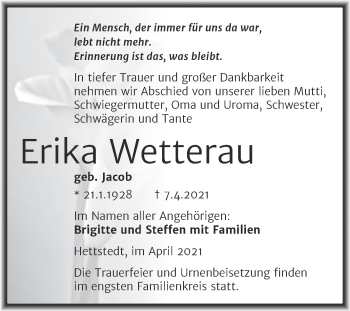 Traueranzeige von Erika Wetterau von Mitteldeutsche Zeitung Mansfelder Land
