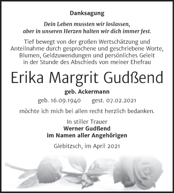 Traueranzeige von Erika Margrit Gudßend von Mitteldeutsche Zeitung Bitterfeld