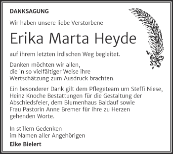 Traueranzeige von Erika Marta Heyde von Mitteldeutsche Zeitung Aschersleben