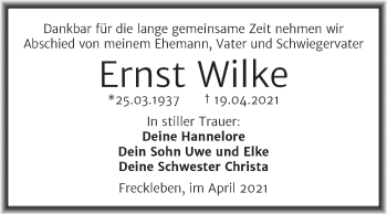 Traueranzeige von Ernst Wilke von Mitteldeutsche Zeitung Aschersleben