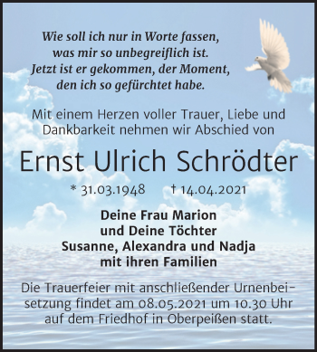 Traueranzeige von Ernst Ulrich Schrödter von Trauerkombi Bernburg