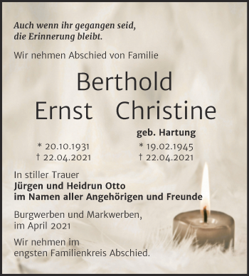 Traueranzeige von Ernst und Christine Berthold von Trauerkombi Weißenfels